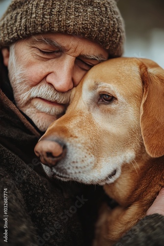 A man gently embraces his loyal Labrador in a moment of tenderness during a c...