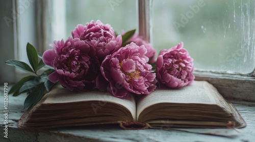 A close up of an open book and pink peonies on a windowsill with a blurred ba...