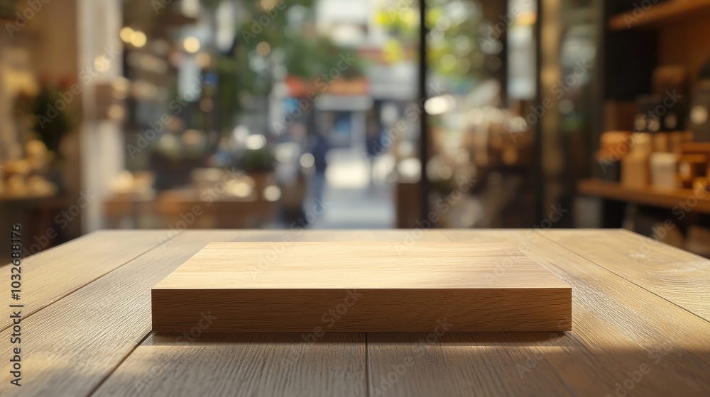 Empty wooden table for product showcase with a blurred TV shop and shoppers in the background Empty wooden table for product showcase with a blurred TV shop and shoppers in the background