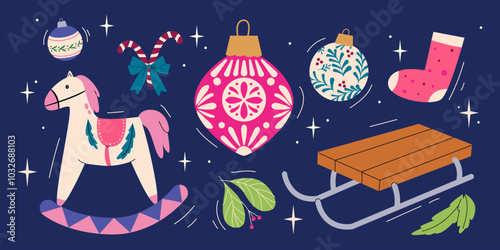 Christmas vector illustration set with winter holidays decorations design elements, holiday ornaments, Christmas trinkets, mistletoe, sleigh, candy cane, toys, retro sticker collection, sock for gifts