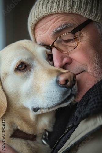A man gently embraces his loyal Labrador in a moment of tenderness during a c...