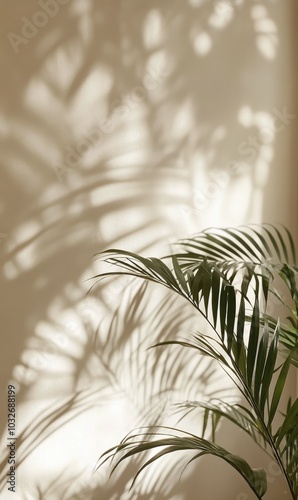 A vibrant indoor plant casts beautiful shadows on a cream wall during the aft...