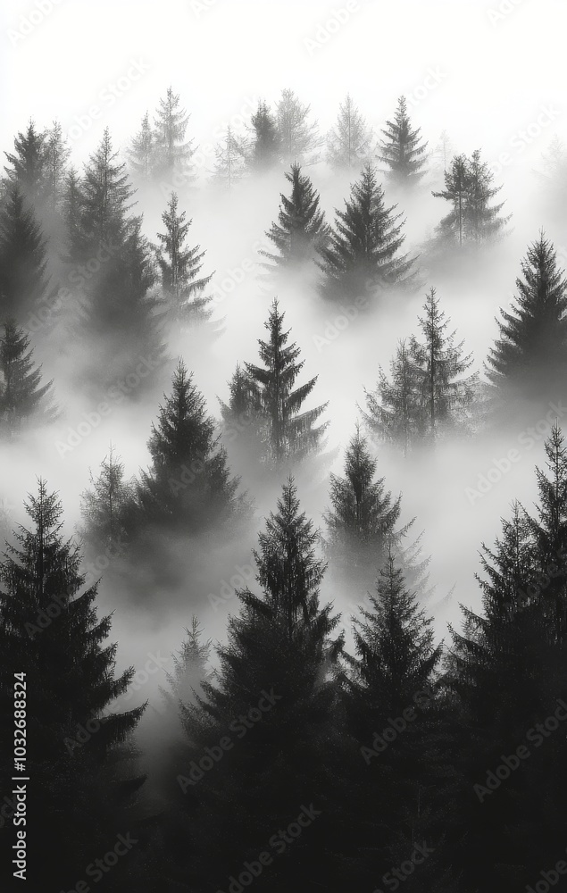 Obraz premium Dense mist envelops tall pine trees in a serene forest landscape at dawn