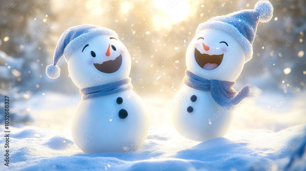 Two happy snowmen wearing blue hats and scarves laughing in a snowy landscape. Winter holiday scene with joyful expressions. Christmas and winter celebration concept for greeting cards. Two happy snowmen wearing blue hats and scarves laughing in a snowy landscape. Winter holiday scene with joyful expressions. Christmas and winter celebration concept for greeting cards.