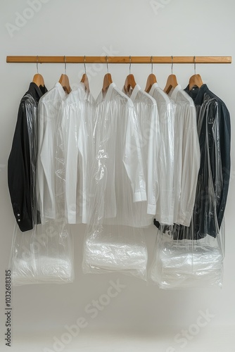 Freshly laundered shirts hanging for preservation in dry cleaning bags on a w...
