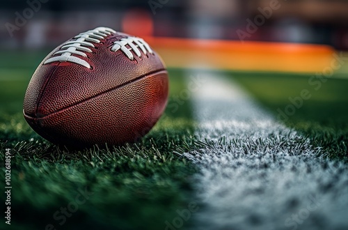 A close up view of a football resting on the field during a golden hour pract...
