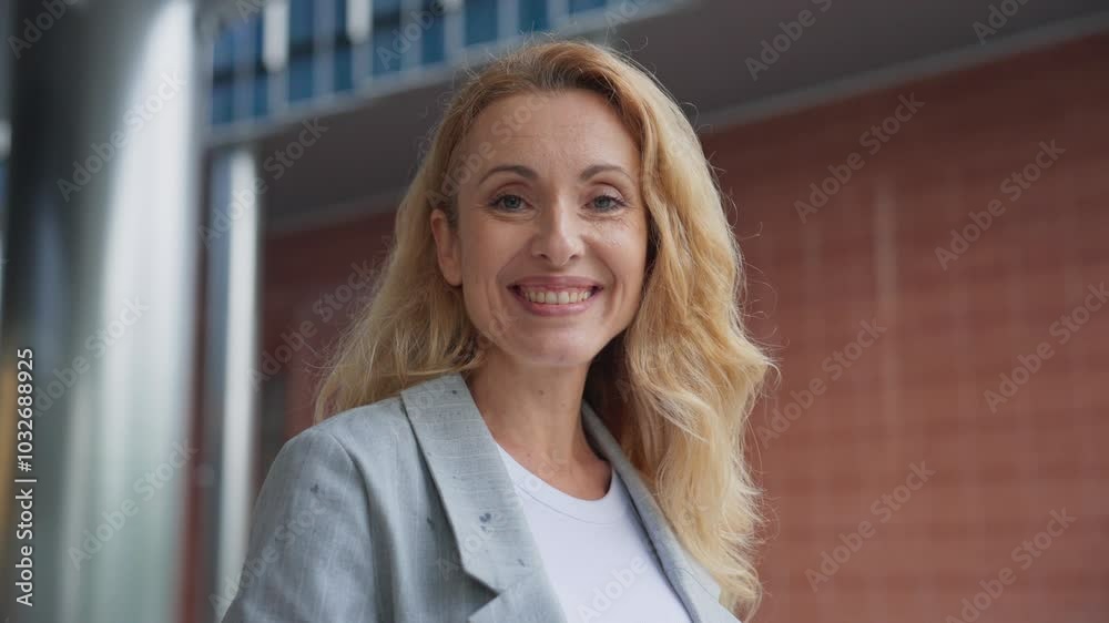 Beautiful Caucasian woman typing on tablet with one hand. Lowering gadget and looking at camera. Smiling positively. Manager or business worker entering text on device. Blonde hair. Beautiful Caucasian woman typing on tablet with one hand. Lowering gadget and looking at camera. Smiling positively. Manager or business worker entering text on device. Blonde hair.
