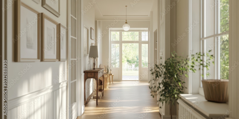 Elegant Frame Mockup in a Cozy Farmhouse Hallway Interior Featuring Natural Light and Minimalist Decor Elegant Frame Mockup in a Cozy Farmhouse Hallway Interior Featuring Natural Light and Minimalist Decor
