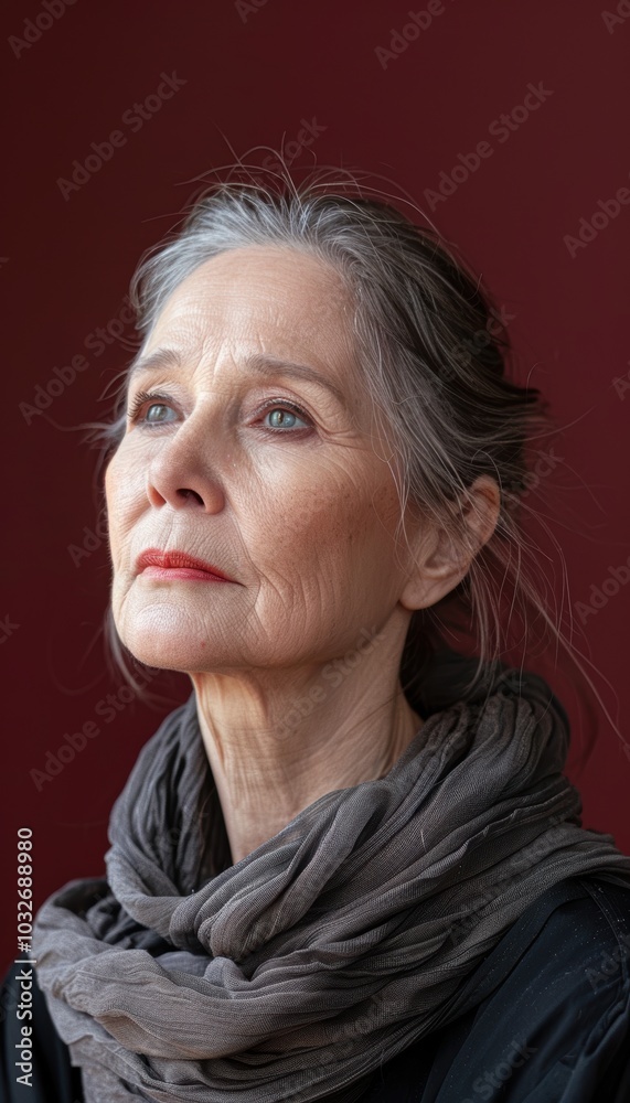 Pensive Middle-Aged Woman Against Burgundy Background for Thoughtful Contemplation Design Pensive Middle-Aged Woman Against Burgundy Background for Thoughtful Contemplation Design