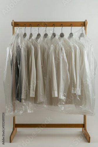 Freshly laundered shirts hanging for preservation in dry cleaning bags on a w...