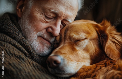 Elderly man enjoying a heartfelt moment with his loyal dog in a cozy indoor s...