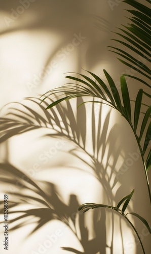 A vibrant indoor plant casts beautiful shadows on a cream wall during the aft...