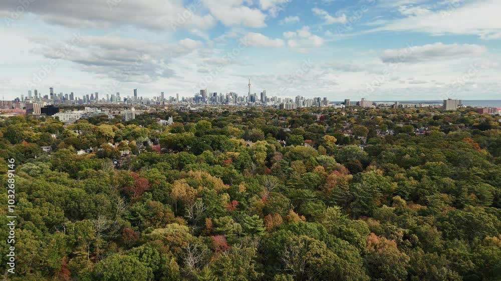 Stunning wide-angle shot of Toronto skyline in early fall, showcasing beautiful autumn foliage colors. Perfect for travel promotions and seasonal cityscape footage Stunning wide-angle shot of Toronto skyline in early fall, showcasing beautiful autumn foliage colors. Perfect for travel promotions and seasonal cityscape footage