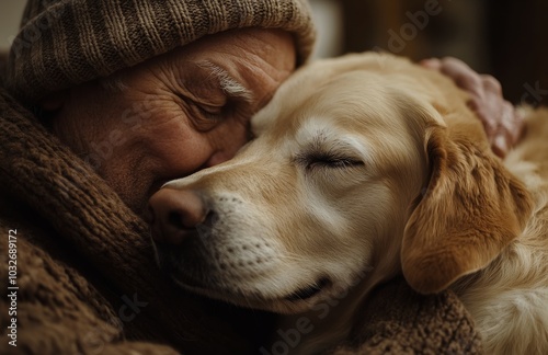 Elderly man enjoying a heartfelt moment with his loyal dog in a cozy indoor s...