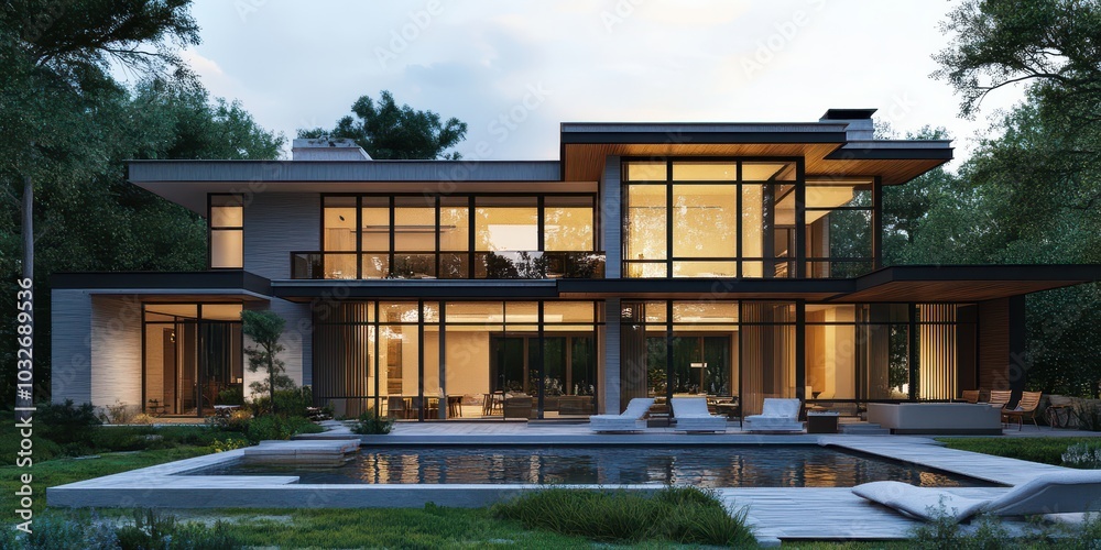 Fototapeta premium Illustration of a Modern House Created with Innovative Techniques and Contemporary Design Features Highlighting Minimalism and Functionality
