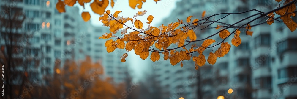 Autumn leaves hanging over a city street in a residential area during a cloudy day