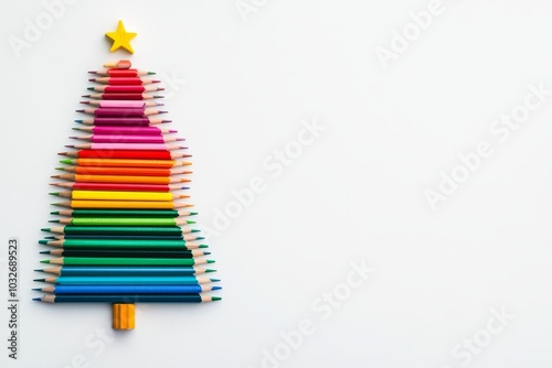 Christmas tree made of colored pencils on a white background, top view. Free space for text