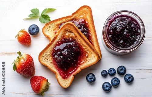 Delicious toasted bread topped with fruit jam and fresh berries on a wooden t...