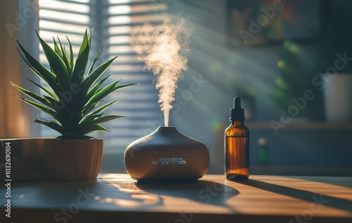 Aromatic diffuser releasing mist alongside essential oil bottle in bright, se...