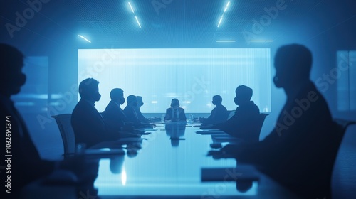 A silhouetted business meeting with a central figure in a modern, illuminated conference room.