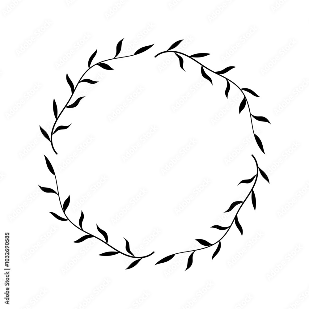Round frame with leaves. Black silhouette. Front view. Vector simple flat graphic illustration. Isolated object on white background. Isolate. Round frame with leaves. Black silhouette. Front view. Vector simple flat graphic illustration. Isolated object on white background. Isolate.