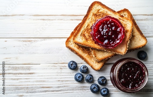 Delicious toasted bread topped with fruit jam and fresh berries on a wooden t...