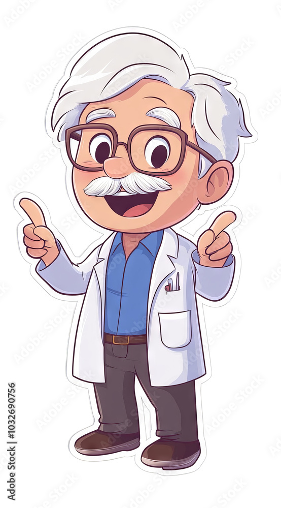Smiling Cartoon Scientist in White Coat Pointing Smiling Cartoon Scientist in White Coat Pointing