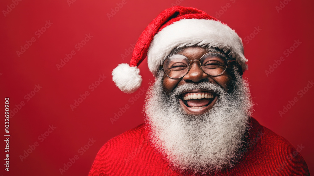 Joyful santa laughing in festive red with white beard and glasses Joyful santa laughing in festive red with white beard and glasses
