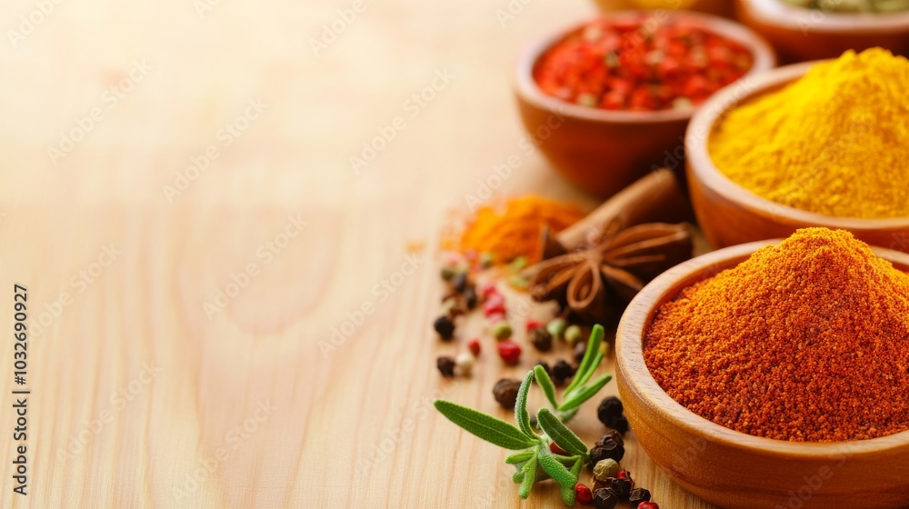 Vibrant close-up of assorted spices beautifully arranged on wood Vibrant close-up of assorted spices beautifully arranged on wood