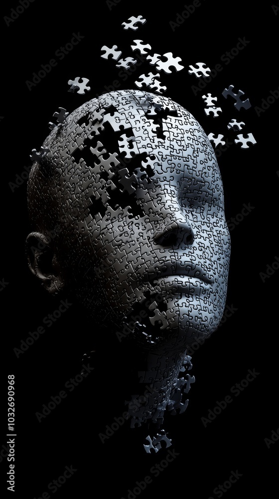 A surreal sculpture of a human head disassembling into puzzle pieces against a black backdrop. A surreal sculpture of a human head disassembling into puzzle pieces against a black backdrop.