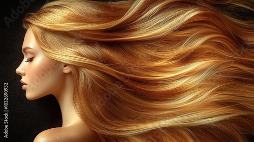 Profile of a woman with flowing golden hair.