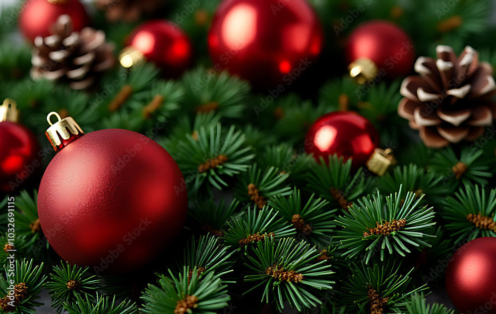 Naklejka premium christmas decorations feature red baubles pine cones lush green fir