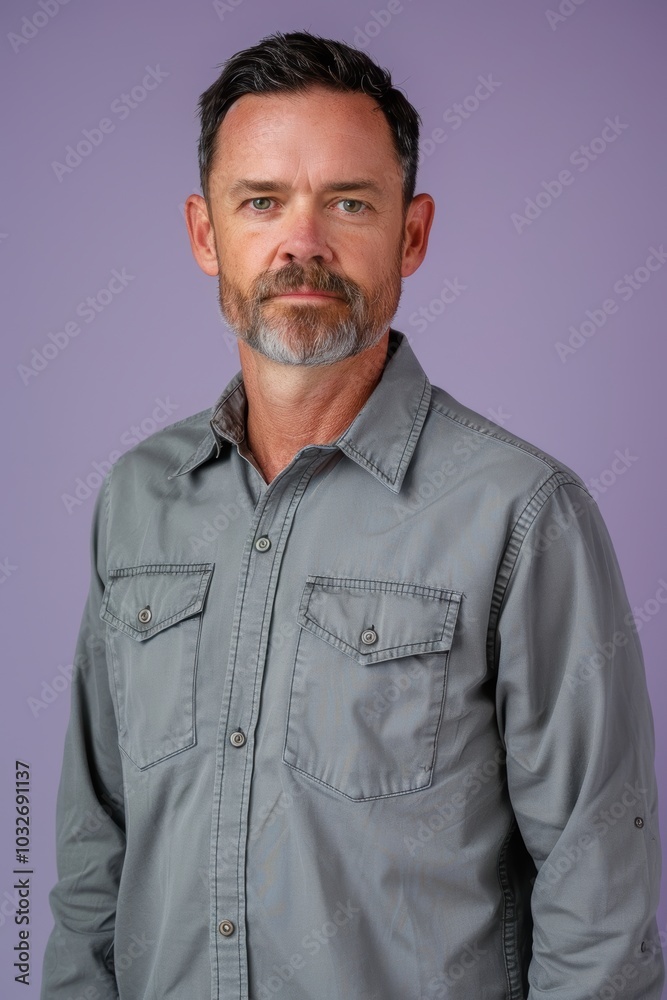 Confident Middle-Aged Man in Grey Shirt Against Soft Lavender Background for Professional Use Confident Middle-Aged Man in Grey Shirt Against Soft Lavender Background for Professional Use