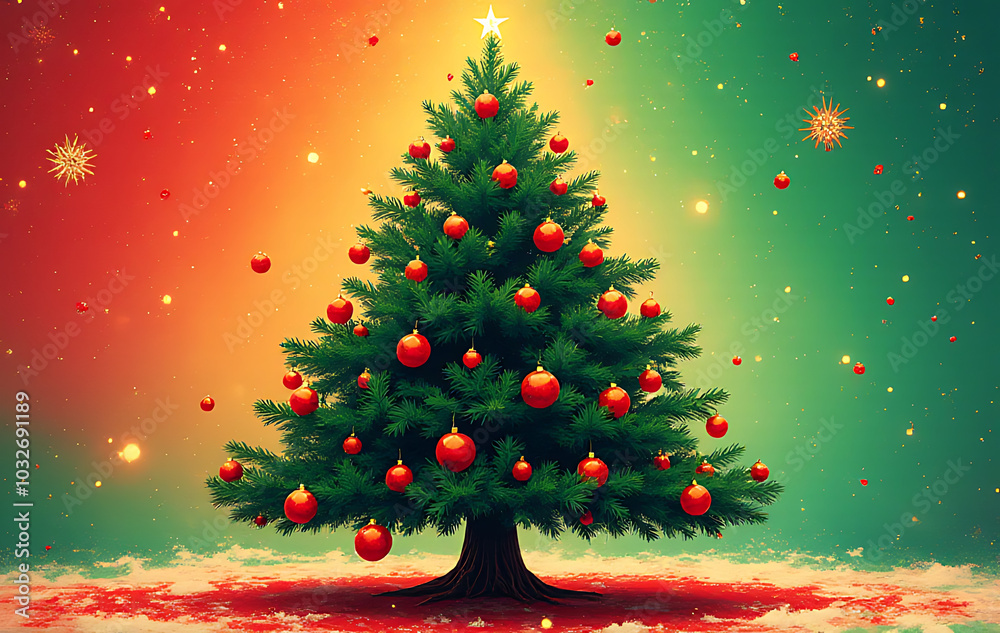 Fototapeta premium colorful poster features festive tree ornaments surrounding holiday season bright reds