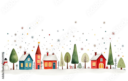 colorful watercolor design features christmas elements like houses trees snowmen crisp white photo