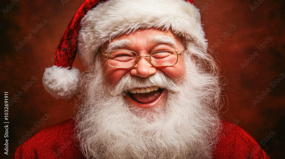 Joyful santa laughing in front of red background for christmas celebration Joyful santa laughing in front of red background for christmas celebration