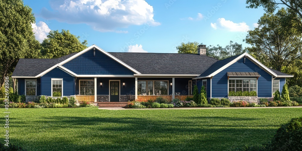 The image exhibits the front display of a recently built modern house showcasing contemporary architecture and landscaping elements The image exhibits the front display of a recently built modern house showcasing contemporary architecture and landscaping elements