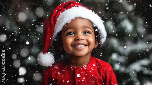 Joyful child in santa hat enjoying winter wonderland holidays