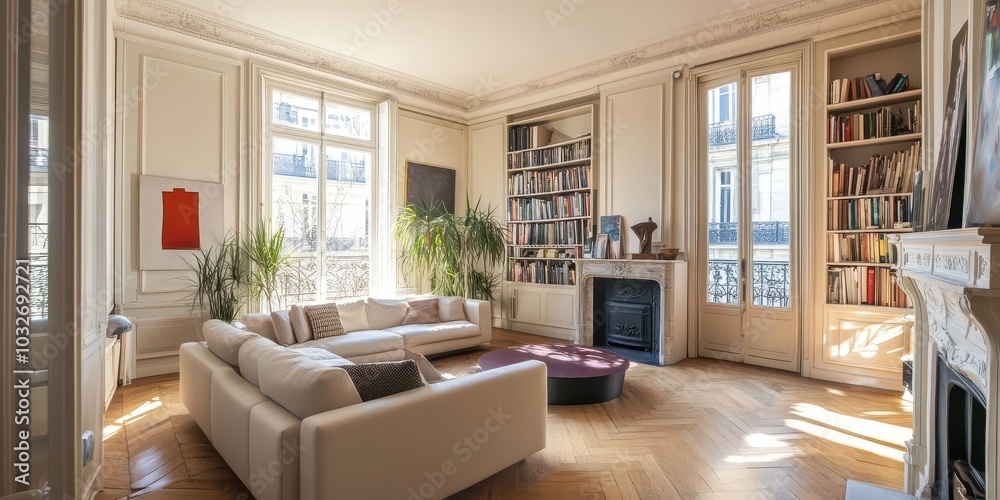 A Contemporary Haussmannian Living Room Blending Modern Elegance with Classic Parisian Charm A Contemporary Haussmannian Living Room Blending Modern Elegance with Classic Parisian Charm