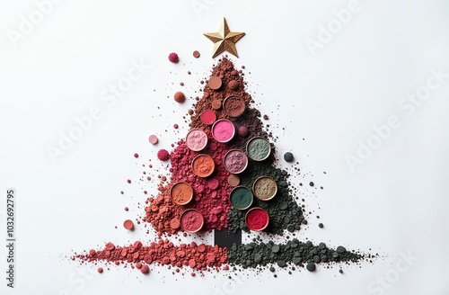 Christmas tree made from colorful makeup powders with a golden star on top, blending creativity, beauty, and holiday spirit