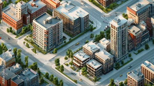 Aerial view of a modern urban landscape with buildings, streets, and greenery.
