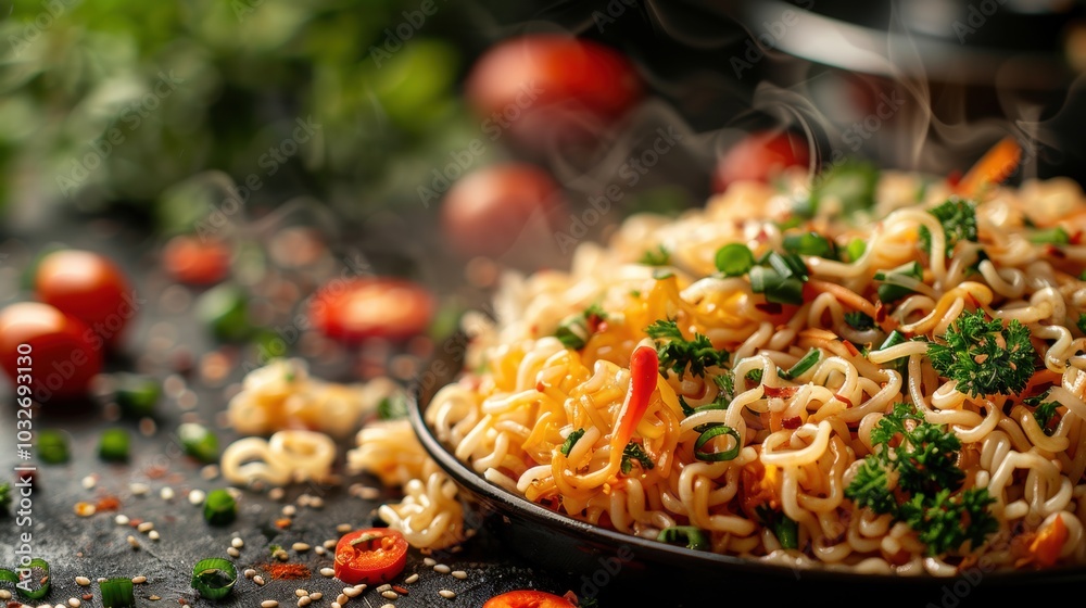 Hot stir-fried noodles with vegetables and herbs in a black bowl.