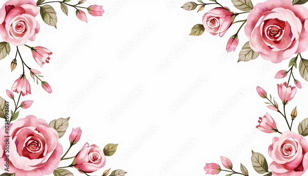 Rose pink and gold floral arrangement on white background Watercolor delicate flower frame for greeting cards or wedding invitations with elegant design space.
