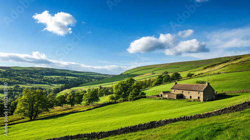 A serene countryside landscape showcasing a quaint cottage surrounded by lush green fields and blue skies.