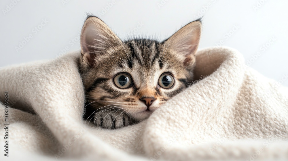 A cute kitten peeking out from a cozy blanket, exuding warmth and curiosity. A cute kitten peeking out from a cozy blanket, exuding warmth and curiosity.