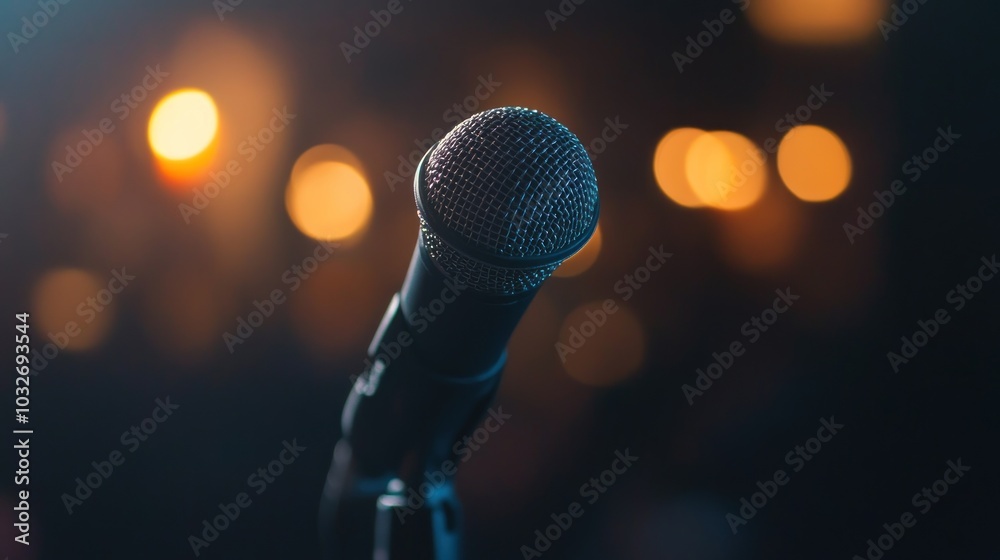 A close-up of a microphone with a blurred background, suggesting a performance setting. A close-up of a microphone with a blurred background, suggesting a performance setting.
