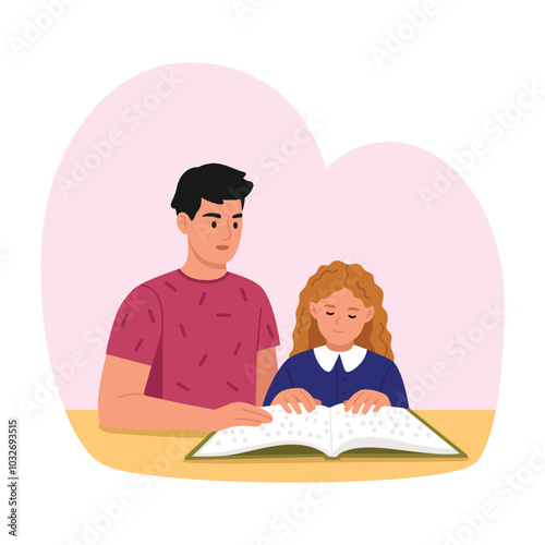 Vector illustration of a blind girl reading a book. Cartoon scene of a blind girl sitting at a table and reading a braille book under the supervision of her father isolated on white background.