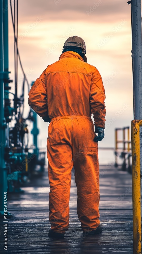 Male worker in orange jumpsuit standing pensively on a dock at sunrise.
