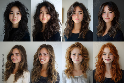  Beautiful hair transformation with different hairstyles and colors, showcasing natural beauty with diverse looks from black to red and brown hair, perfect for hairstyle inspiration.