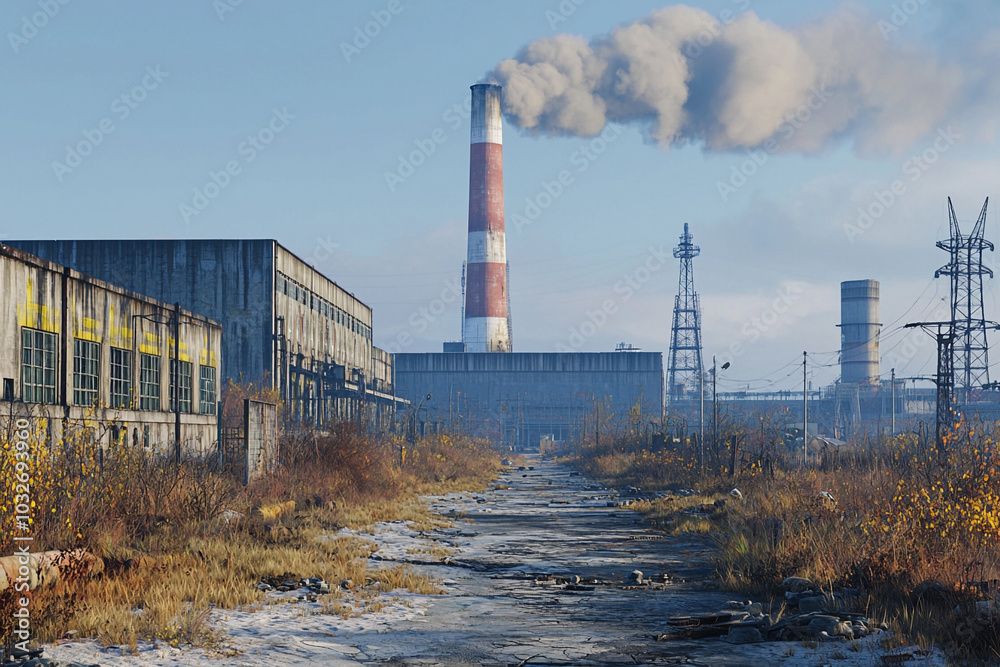 Obraz premium Abandoned site with smokestacks polluting a clear sky